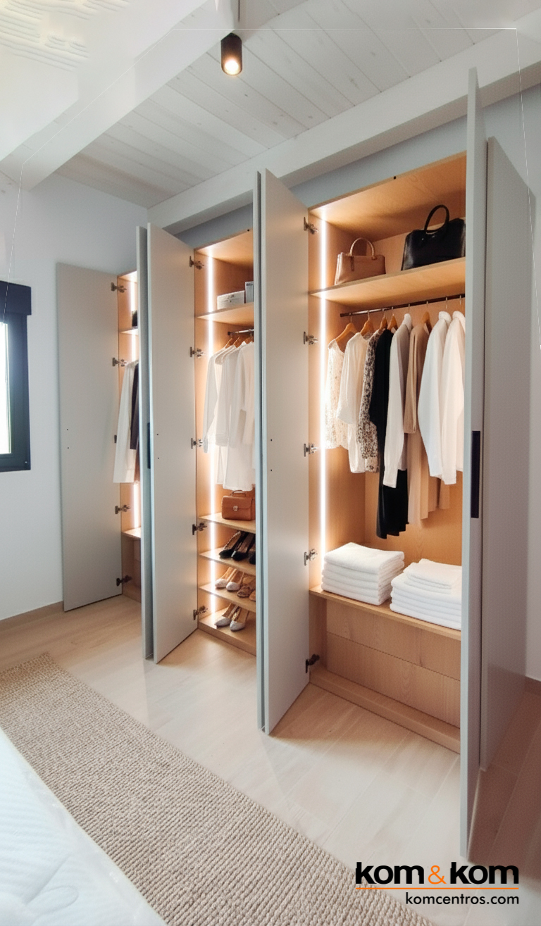 Armario beige abierto con interior de madera.